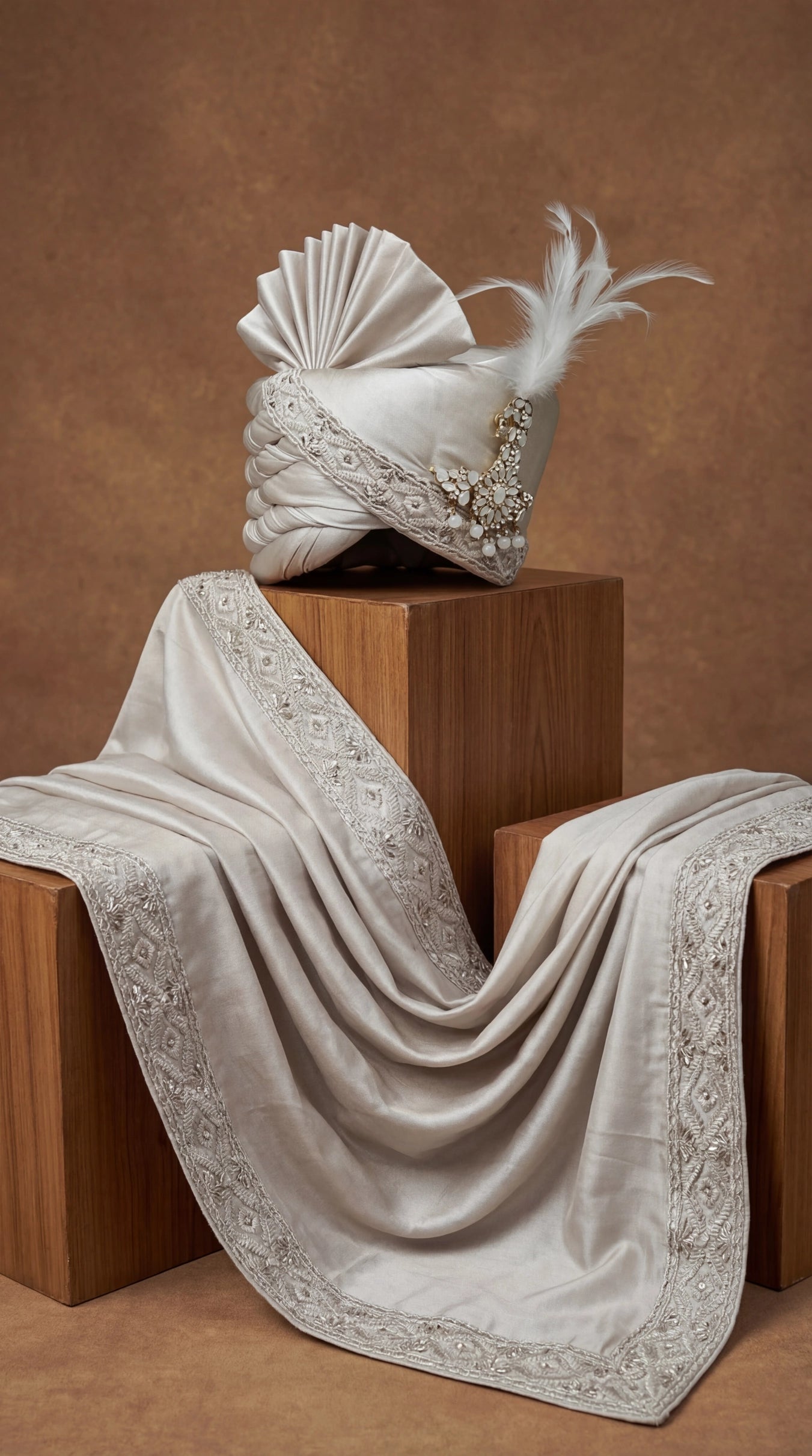 Silver Mist Groom Safa with Pearl Brooch & Feather Accent