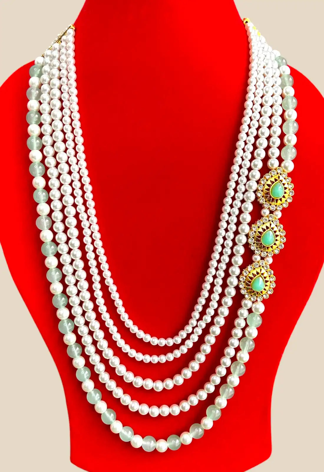 Elegant Green Stone & Pearl Multilayer Necklace with Gold Floral Accents