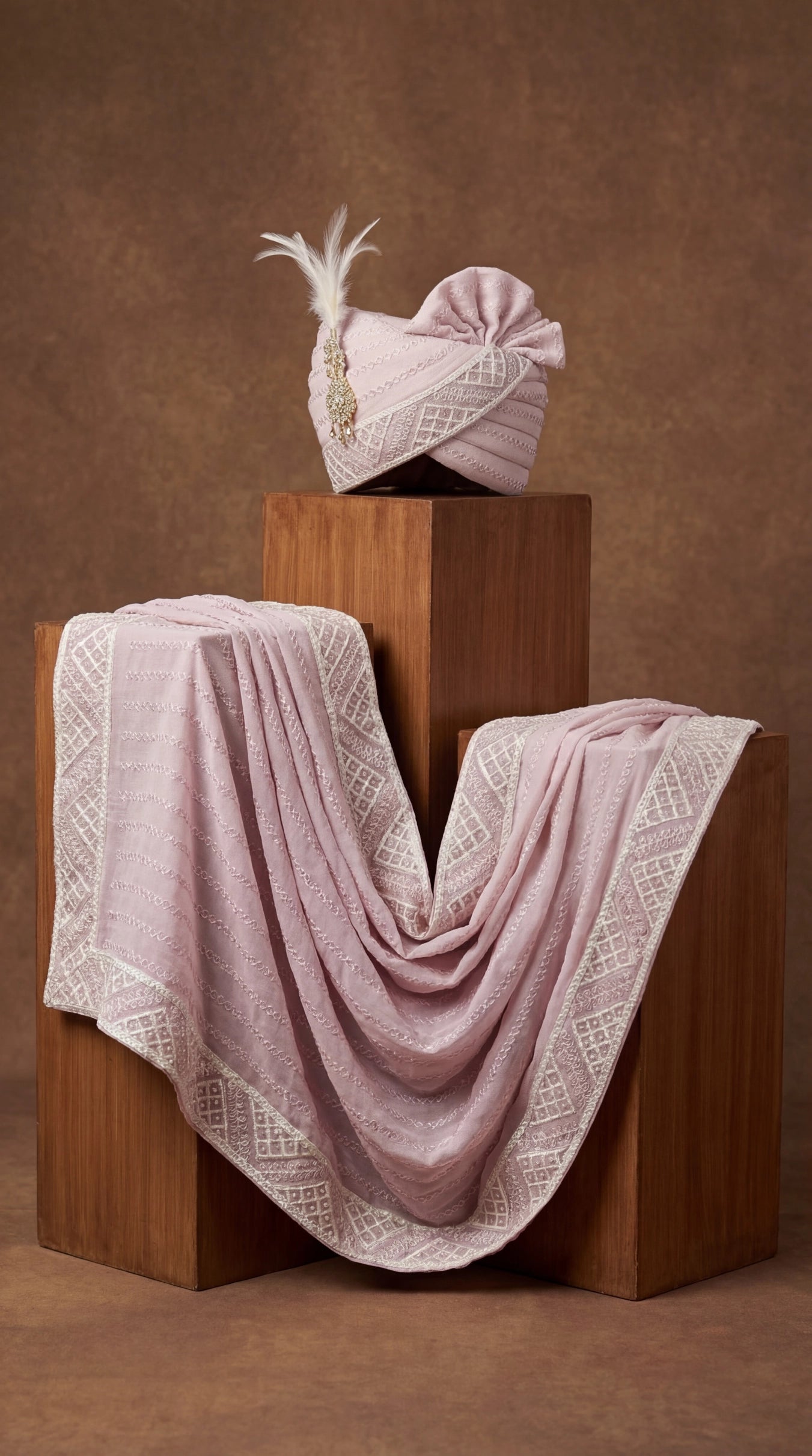 Dusty Rose Groom Safa with Embroidered Geometry & Feather Brooch