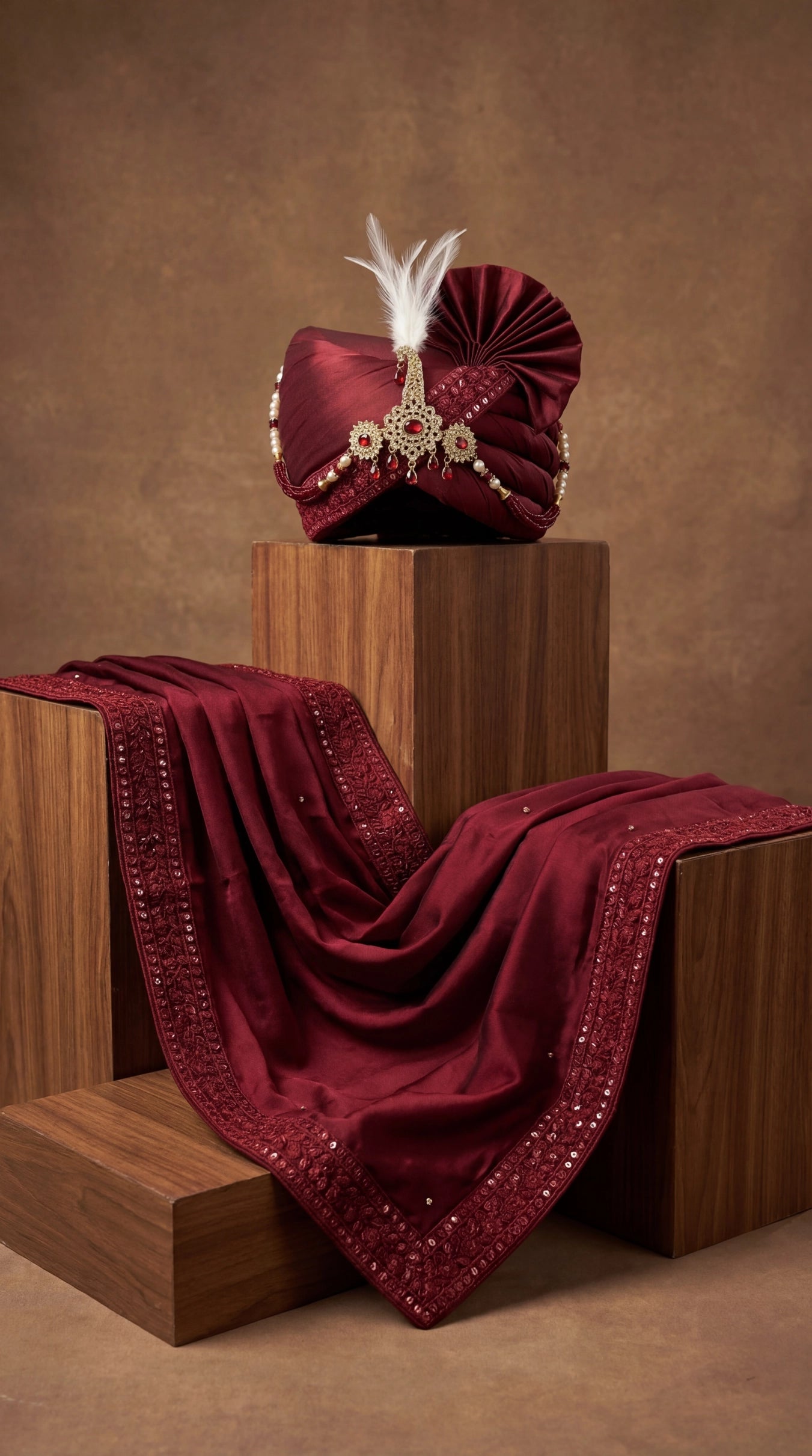 Deep Wine Groom Safa with Pearl Chain & Feather Accent