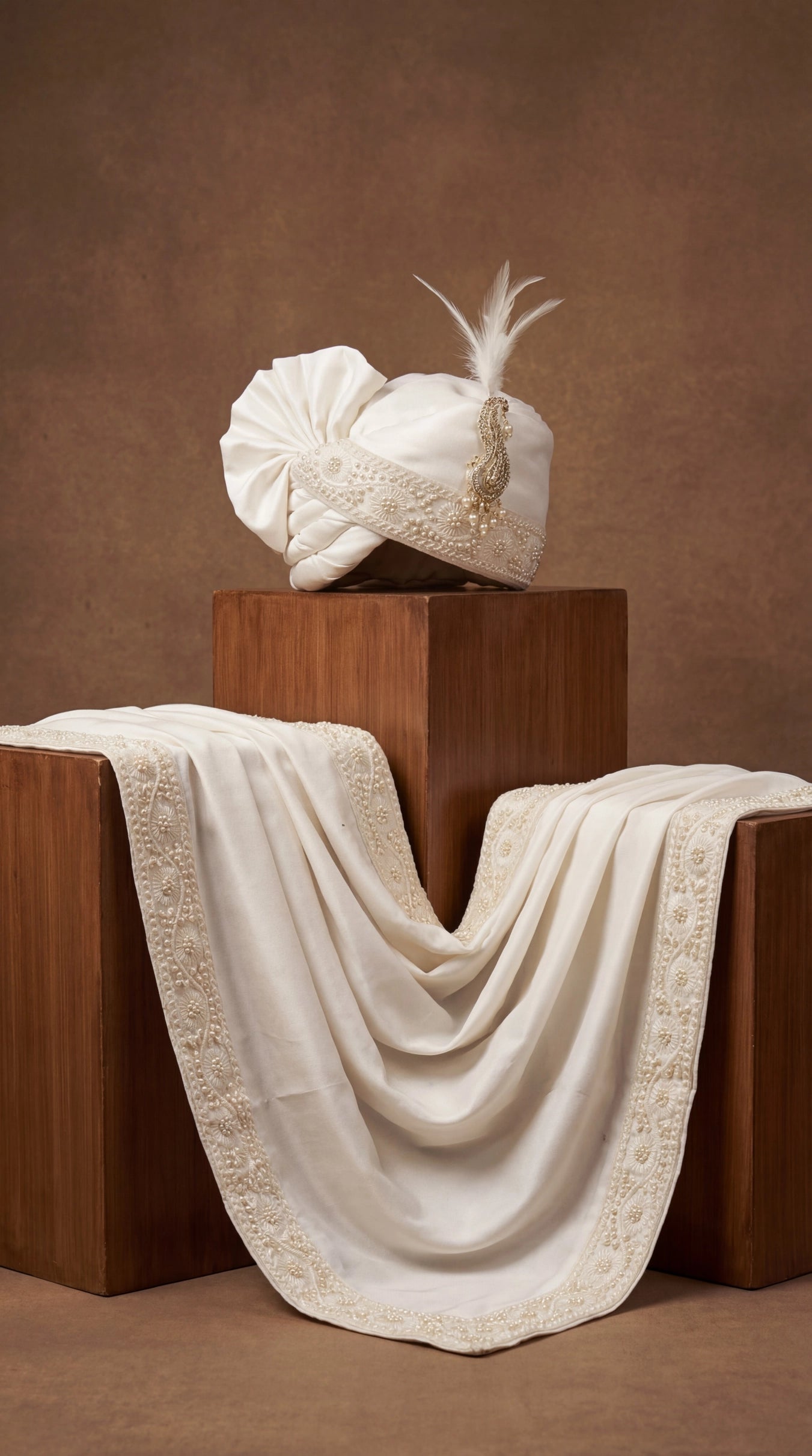 Ivory Embroidered Groom Safa with Feather Brooch Detail