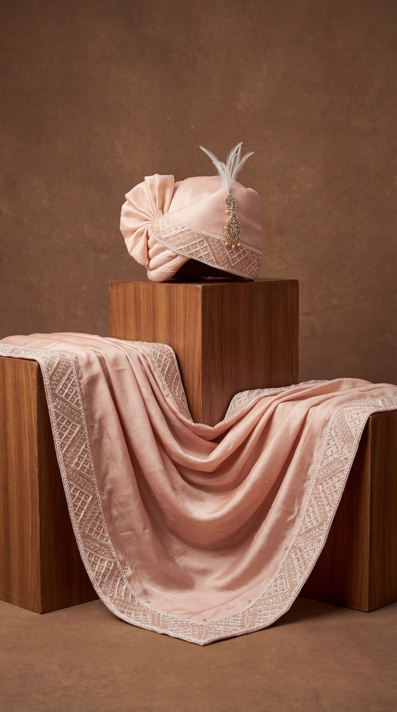 Peach Groom Safa with Pearl Embroidery & Feather Brooch