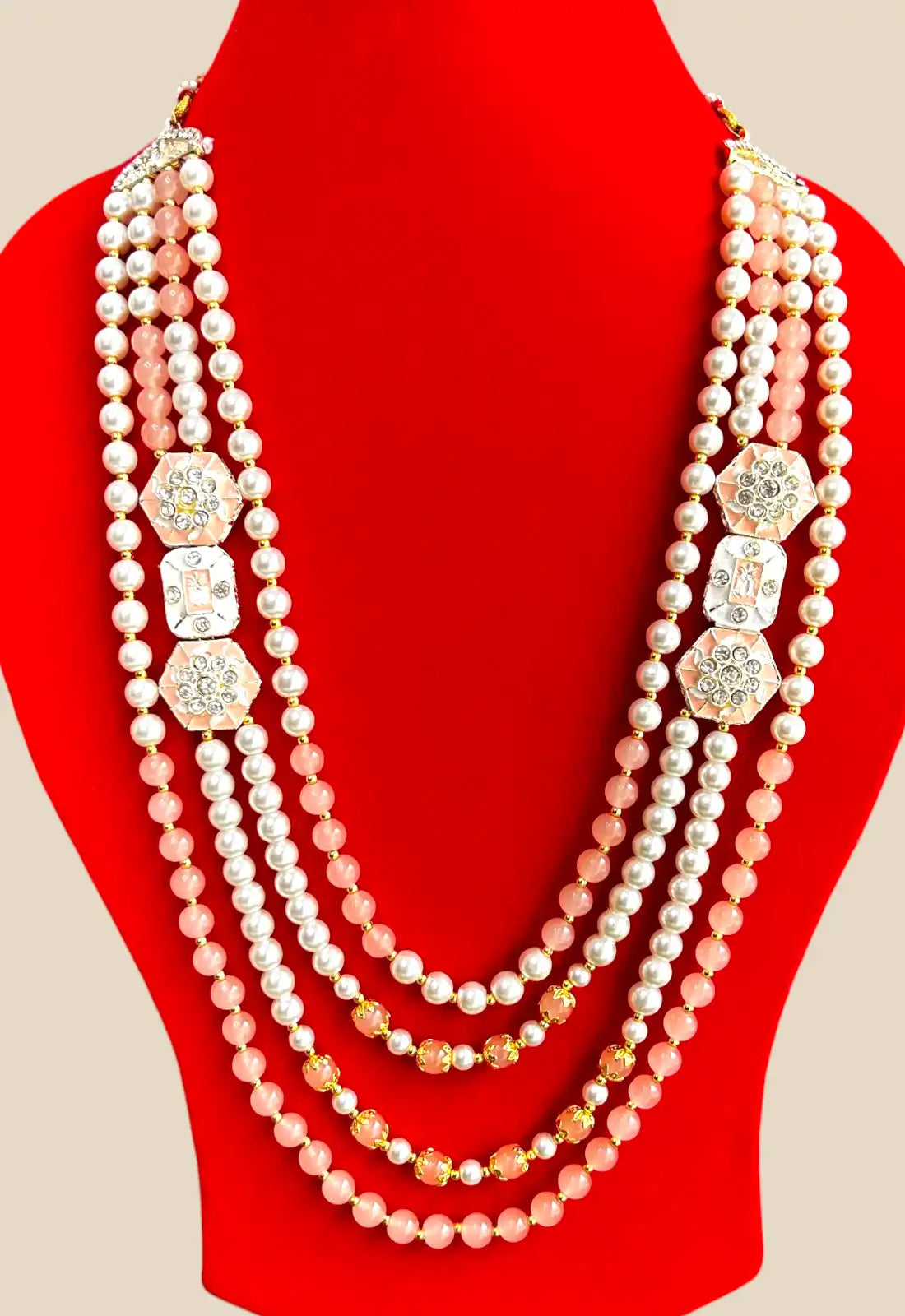 Elegant Multilayer Pearl & Pink Bead Necklace with Kundan Accents