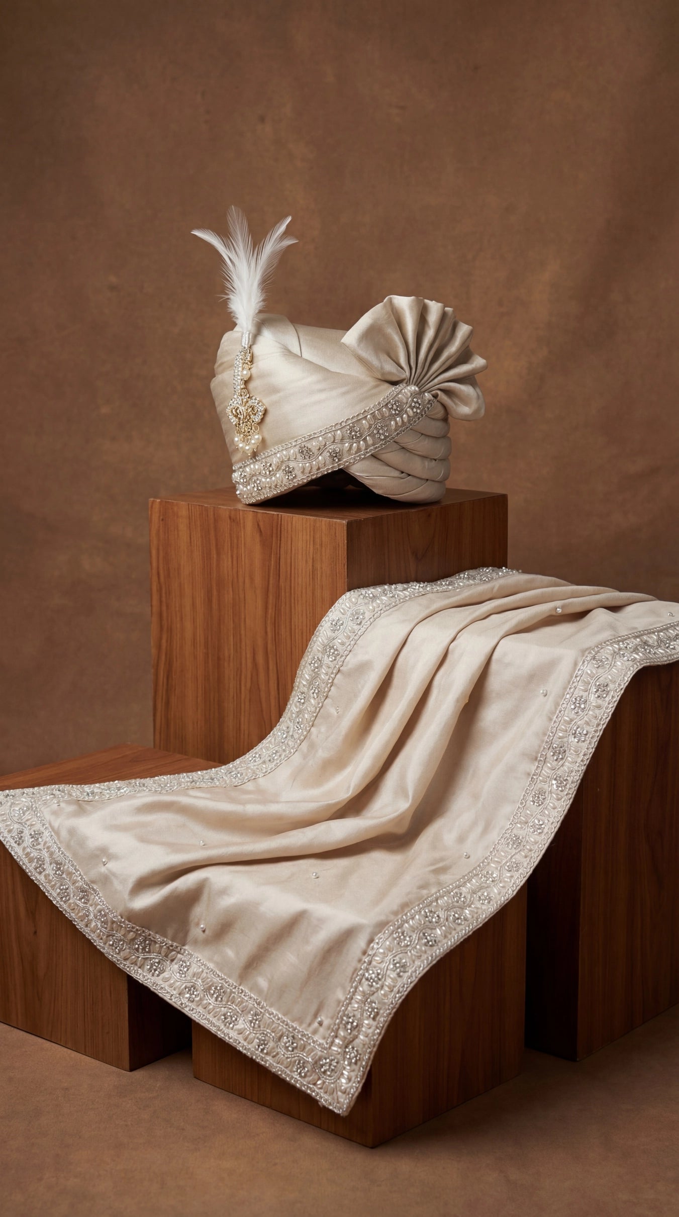 Ivory Pearl-Embellished Groom Safa with Feather Accent