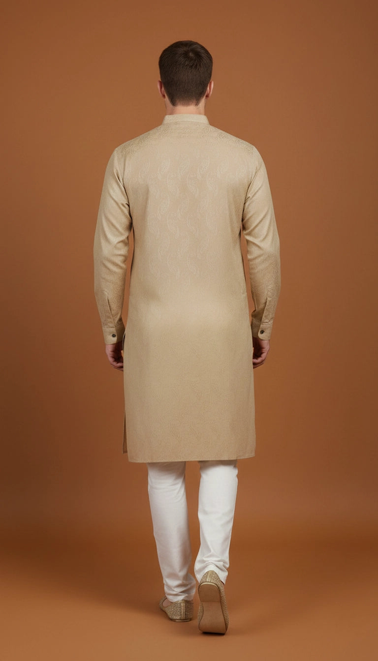 Beige Self-Textured Cotton Kurta for Men | Dresswala NX