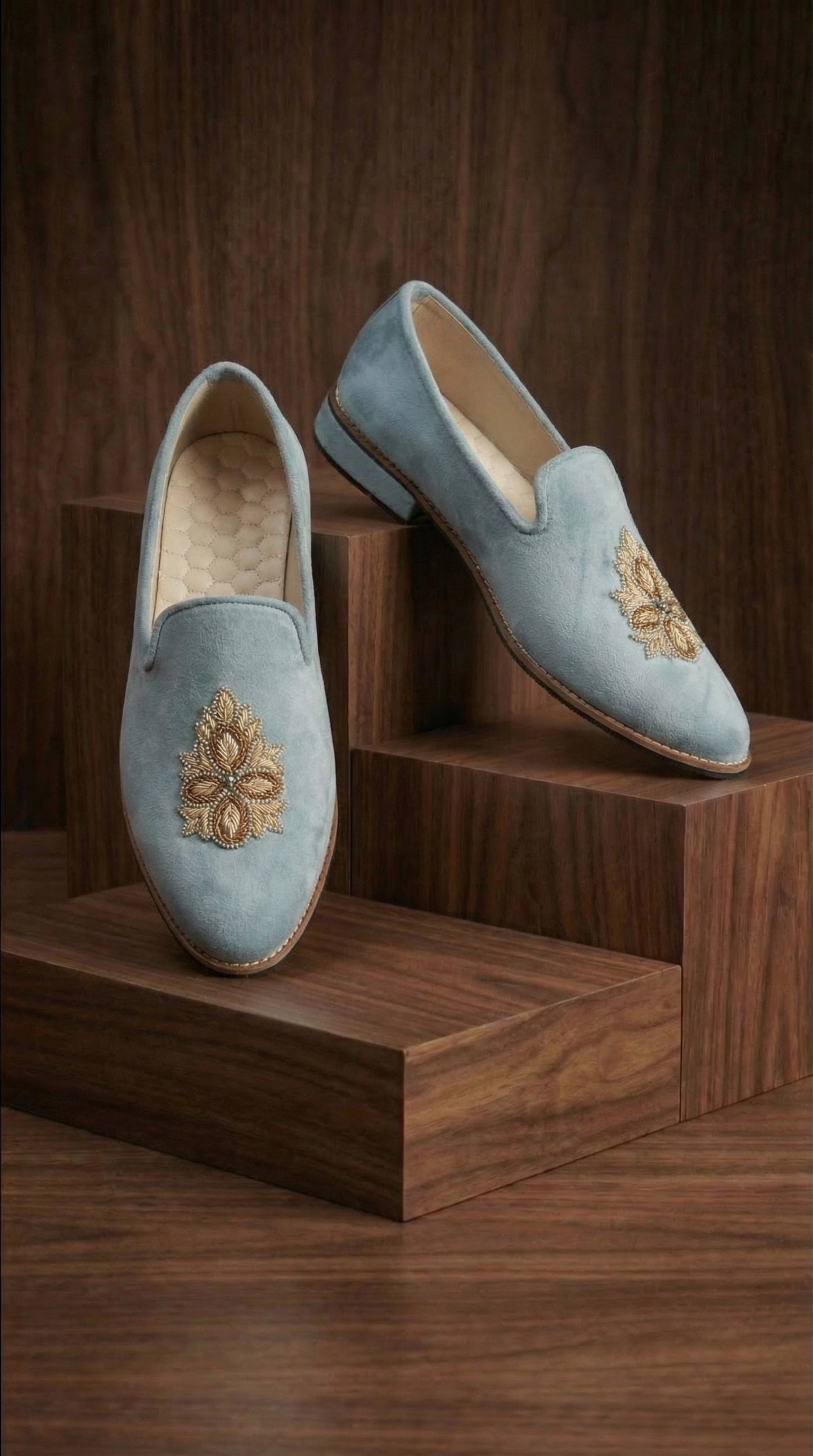 Powder Blue Velvet Mojdi Shoes with Gold Motif | Dresswala NX