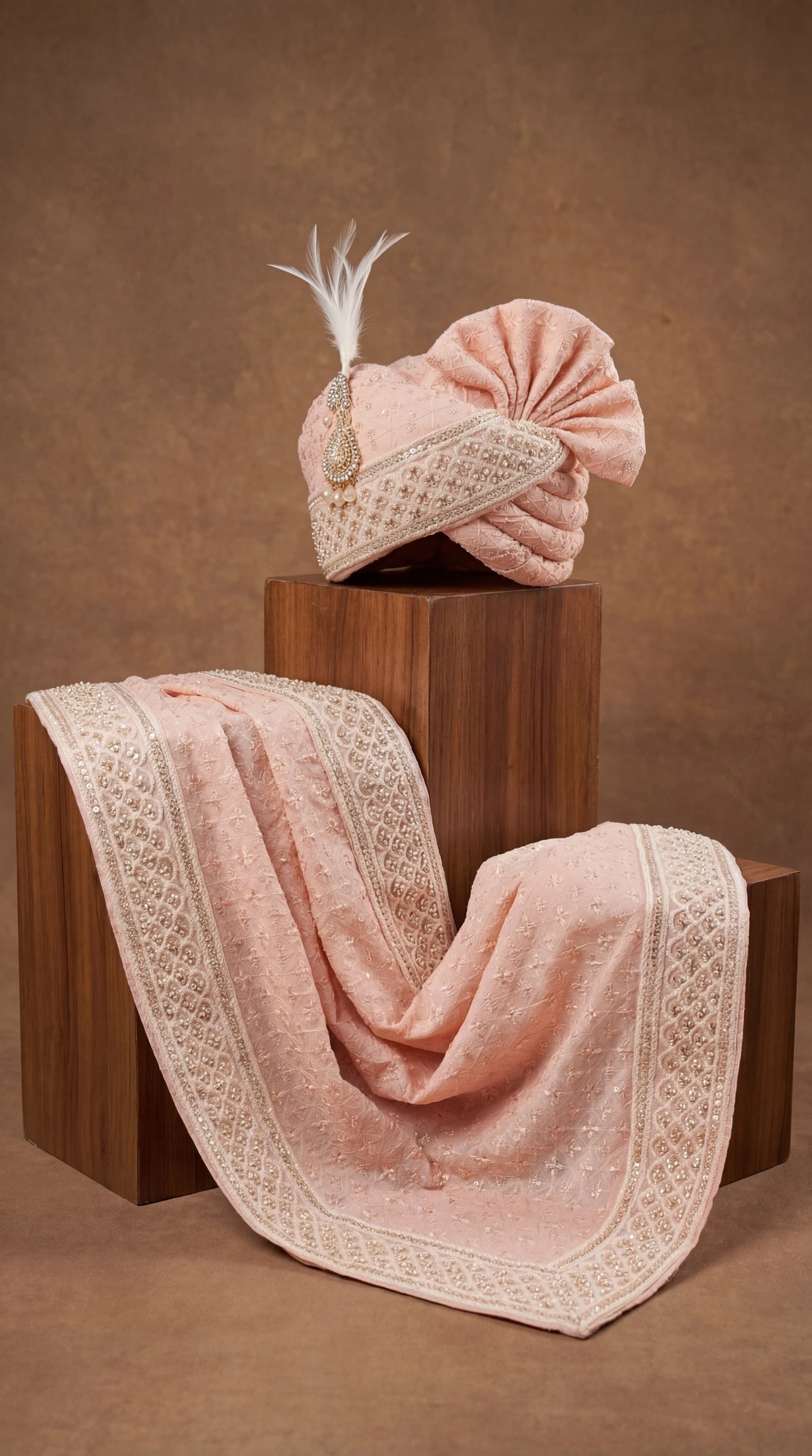 Blush Textured Groom Safa with Pearl Work & Feather Detail