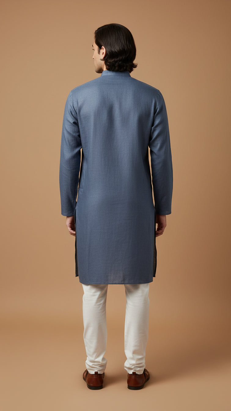 Men’s Blue Linen Kurta with Minimal Embroidery | Elegant Festive Wear – Dresswala NX