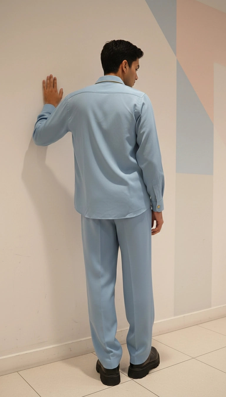 Sky Blue Club-Wear Shirt with Contrast Collar & Gold Button Detailing | Dresswala NX