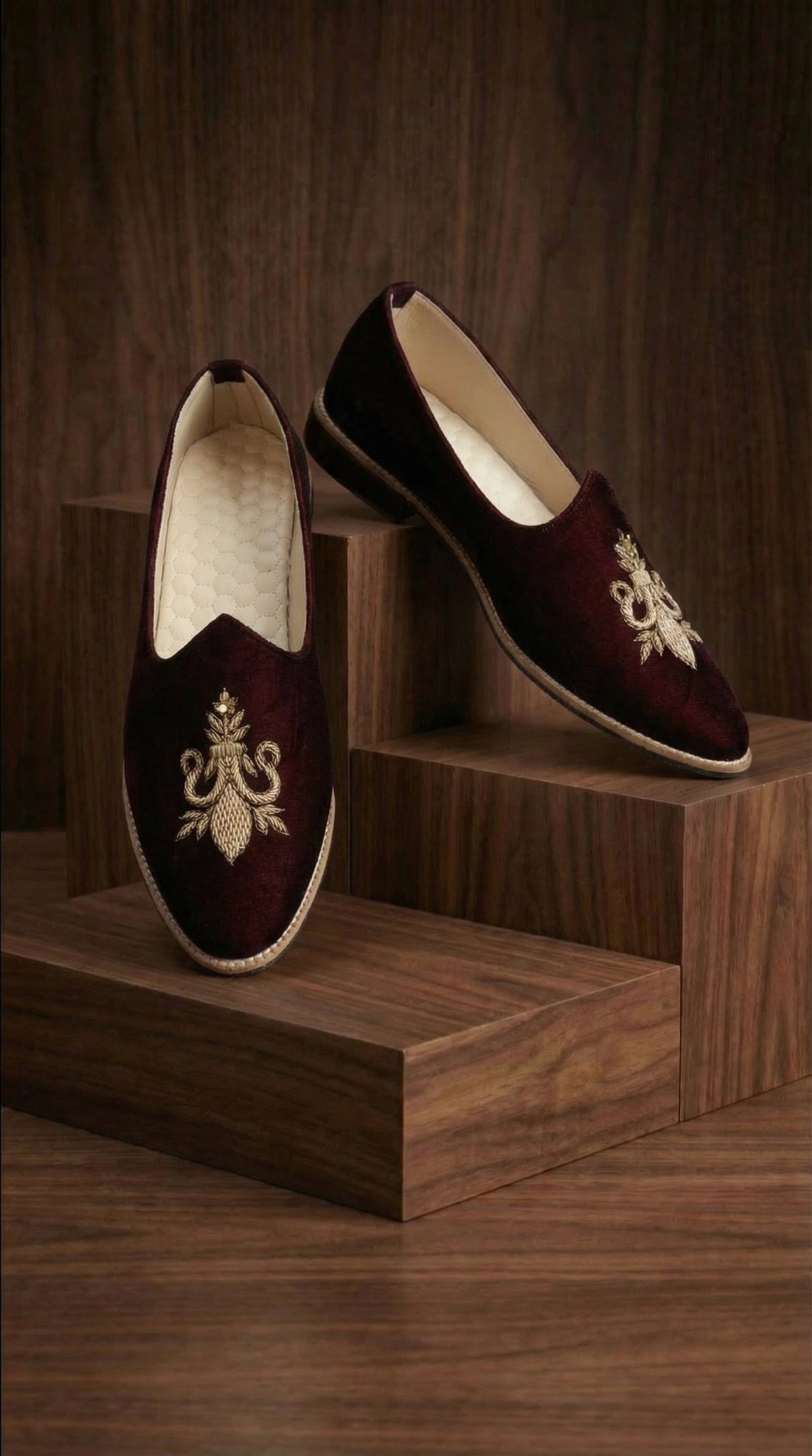 Wine Velvet Mojdi Shoes with Gold Embroidery | Dresswala NX