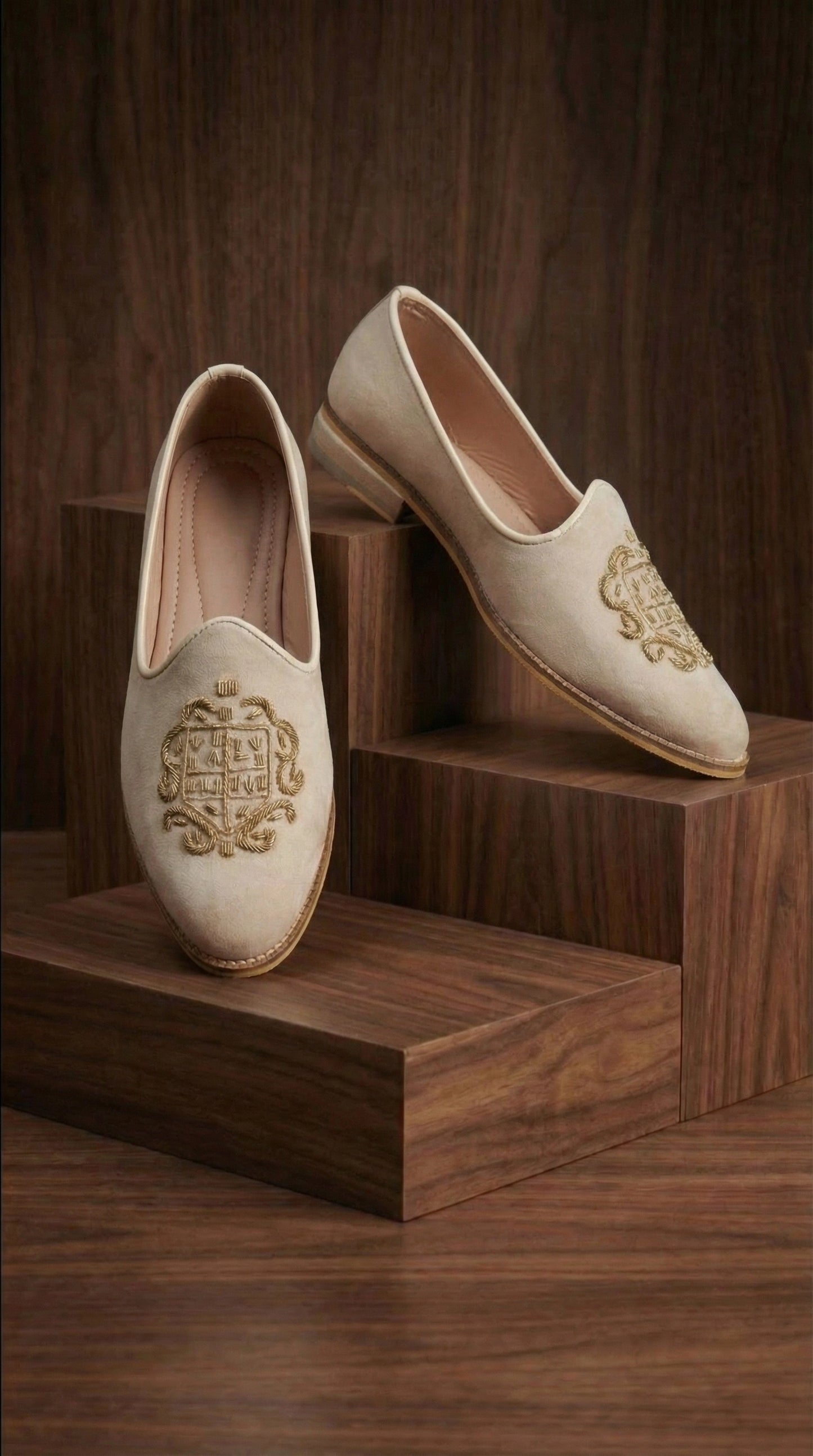 Beige Velvet Mojdi Shoes with Gold Monogram Crest | Dresswala NX