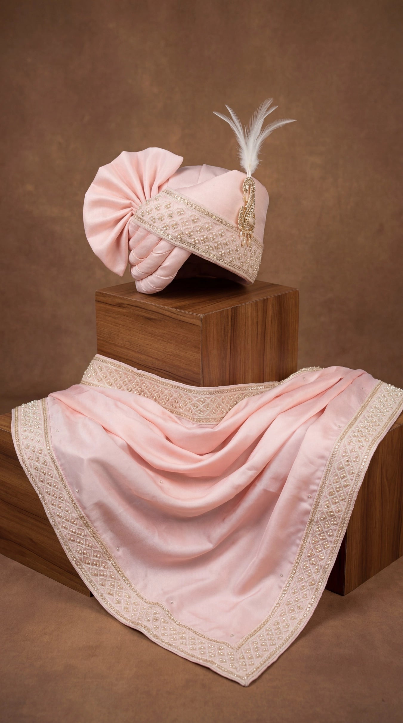 Soft Rose Groom Safa with Hand-Embellished Border & Feather Accent