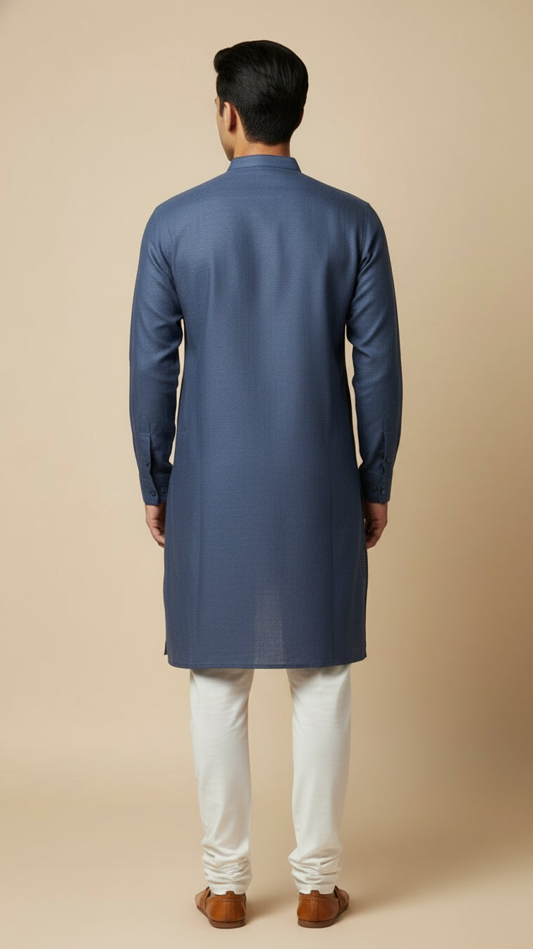 Men’s Indigo Blue Linen Kurta with Subtle Embroidery | Premium Ethnic Wear – Dresswala NX