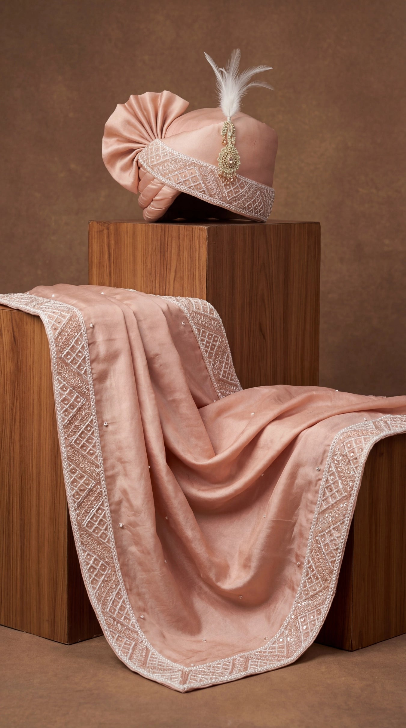 Blush Peach Wedding Safa with Geometric Handwork & Feather Brooch