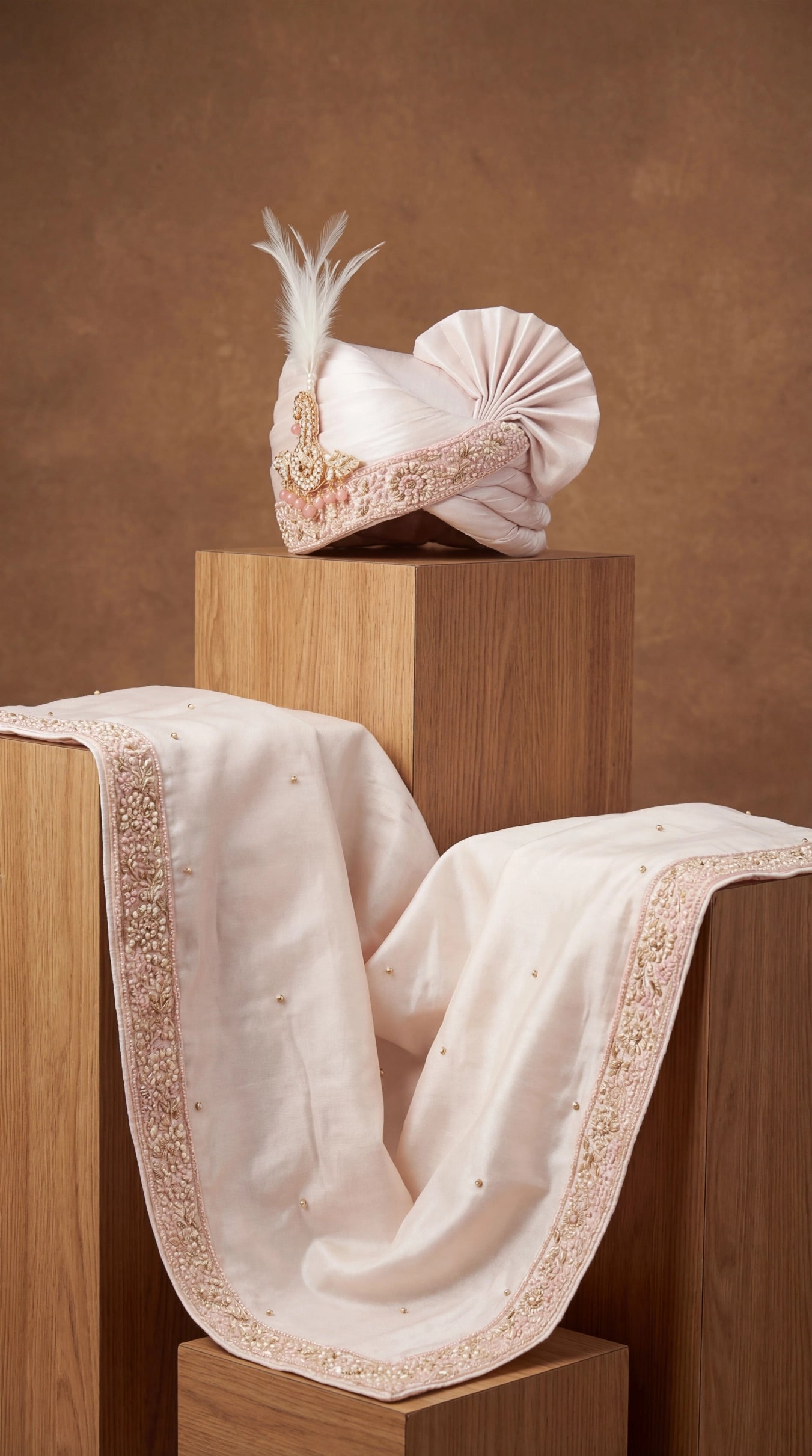 Soft Peach Groom Safa with Hand-Embroidered Dupatta