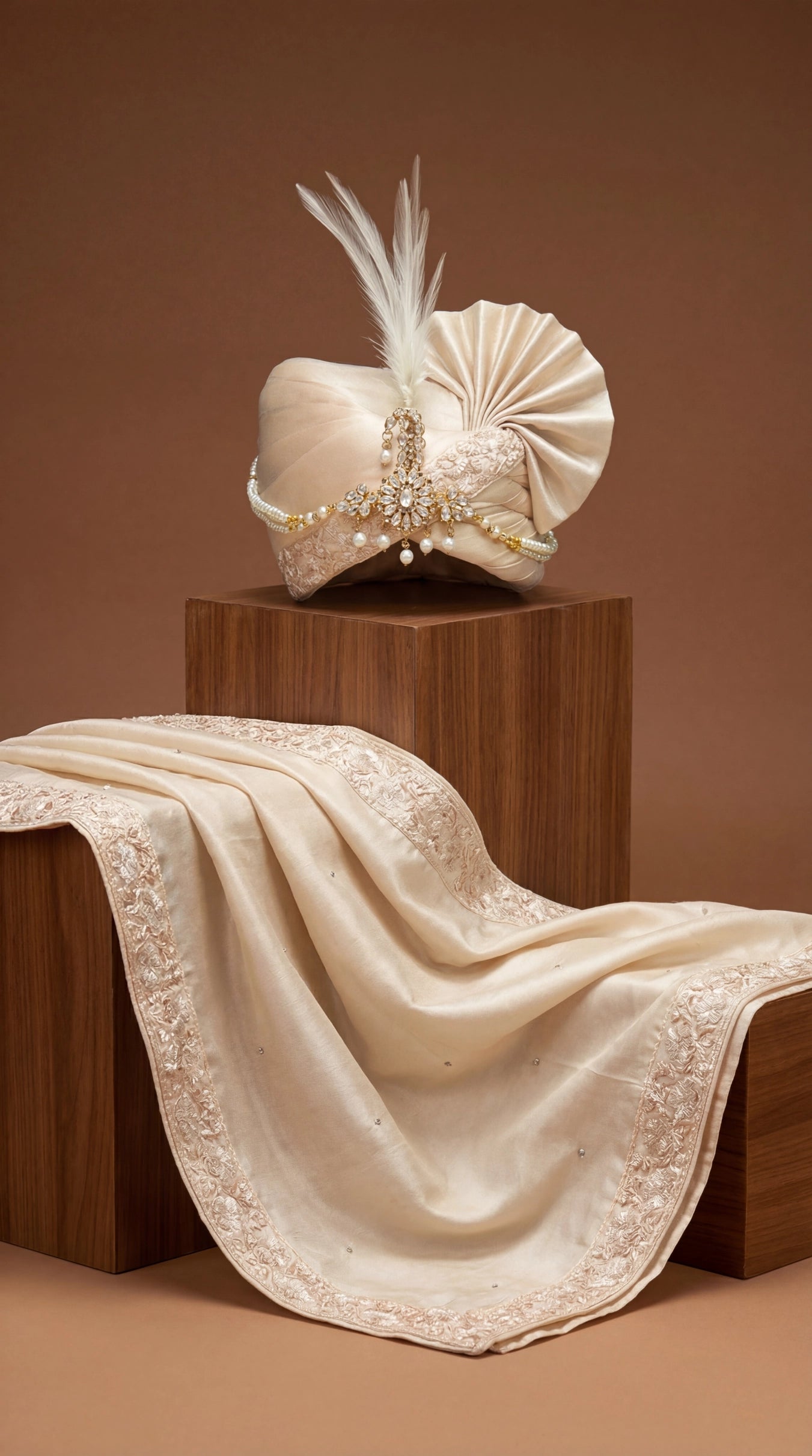Champagne Pearl Groom Safa with Crystal Brooch & Heritage Stole