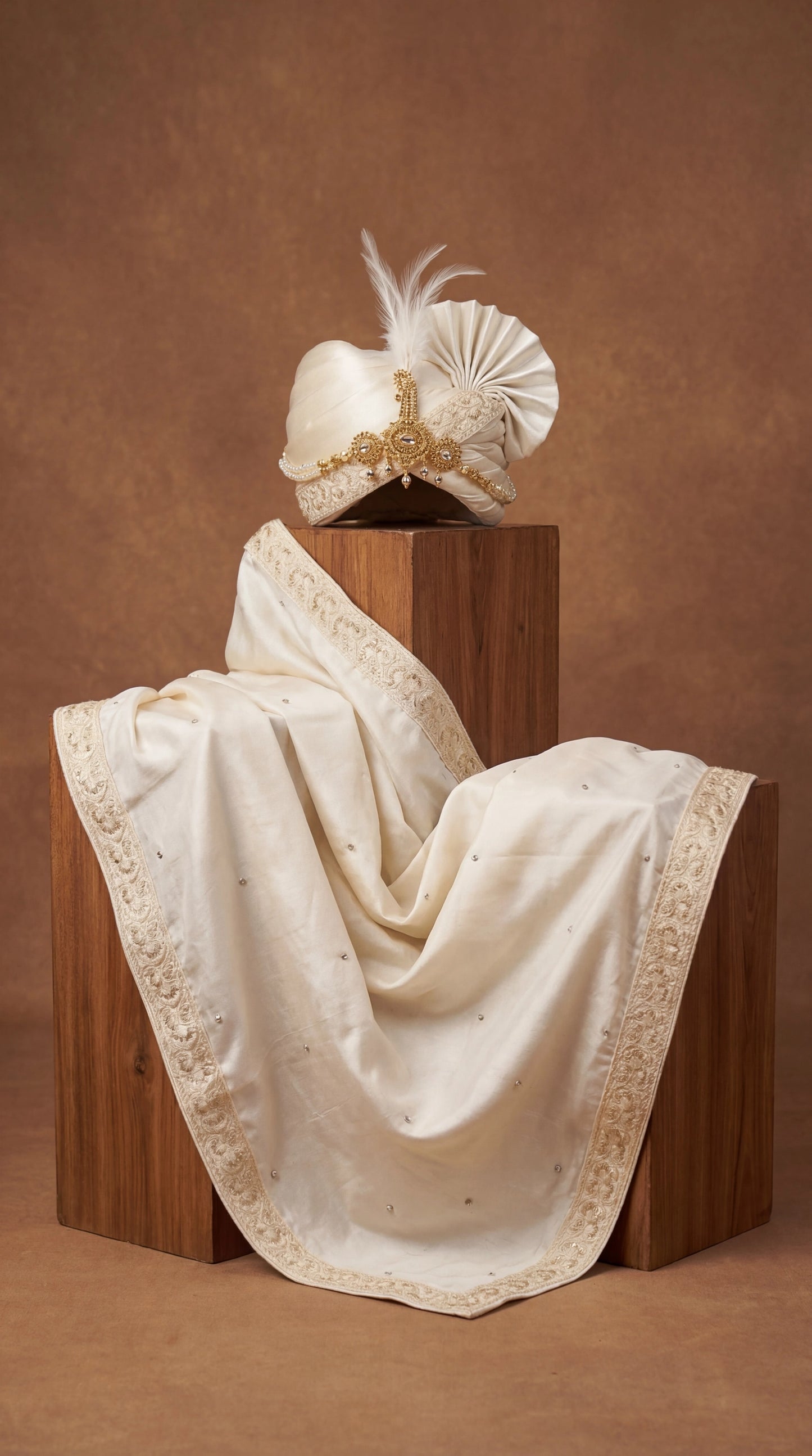 Ivory Royal Groom Safa with Antique Gold Brooch & Feather