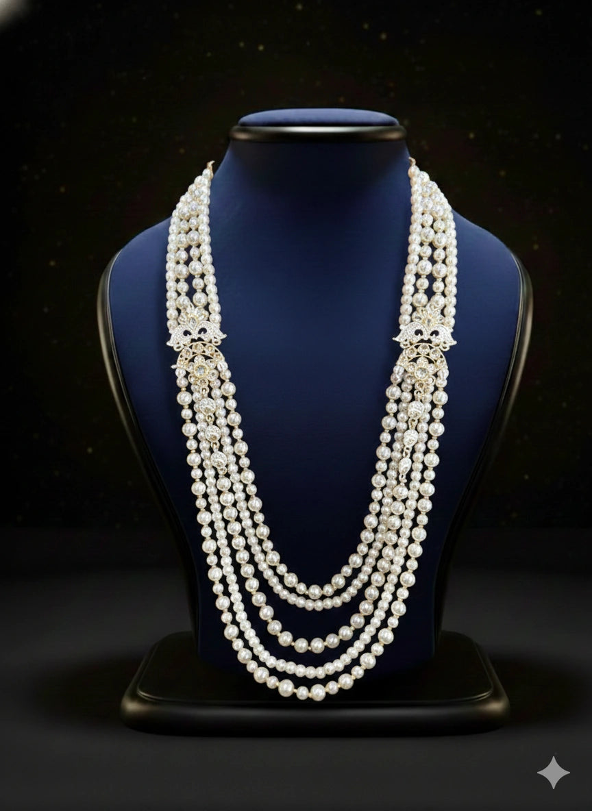 Pearl & Crystal Layered Mala with Floral Kundan Links | Dresswala NX