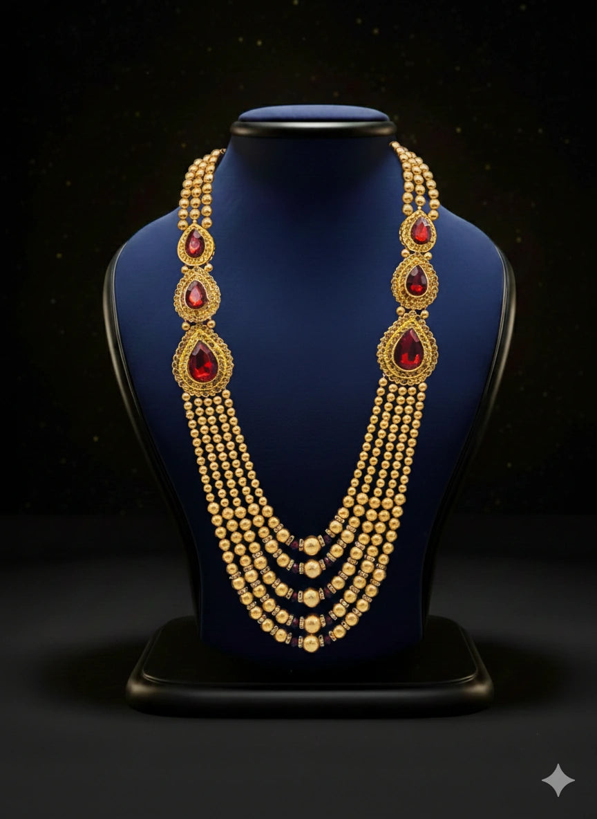 Gold Bead Layered Mala with Ruby Teardrop Motifs | Dresswala NX