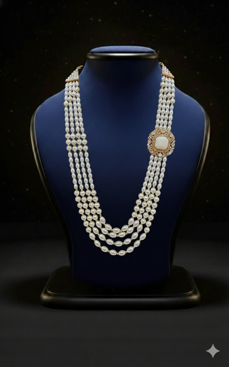 Pearl Layered Mala with Kundan Square Brooch Detail | Dresswala NX