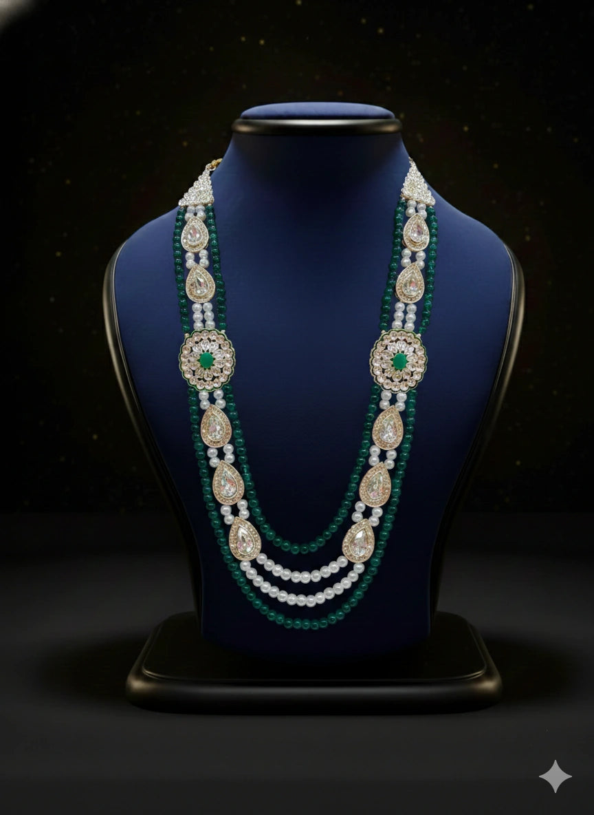Emerald Green & Pearl Kundan Mala Necklace (Layered) | Dresswala NX