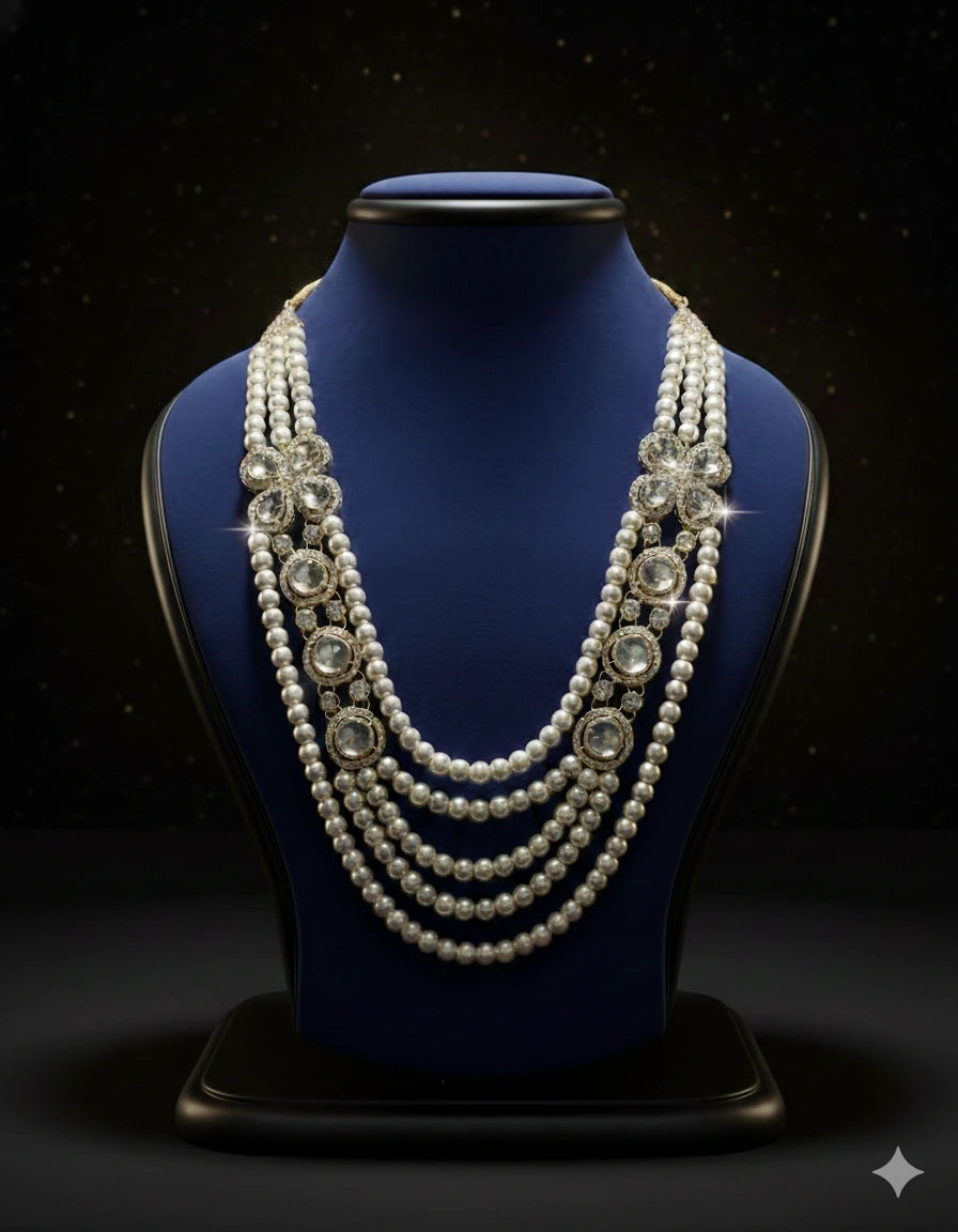 Pearl & Crystal Floral Layered Mala Necklace (Kundan Style) | Dresswala NX