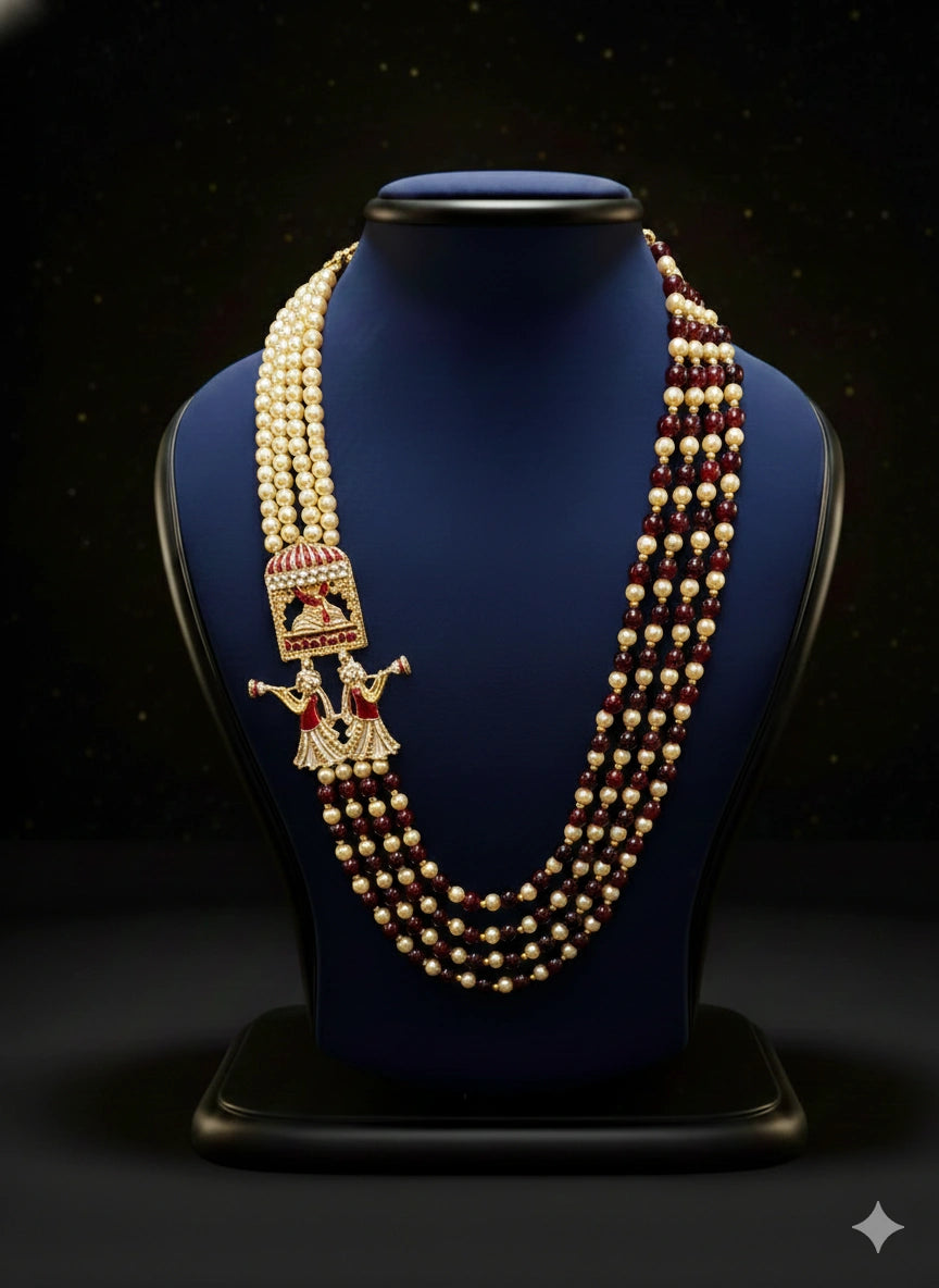 Royal Pearl & Maroon Bead Mala with Traditional Pendant | Dresswala NX