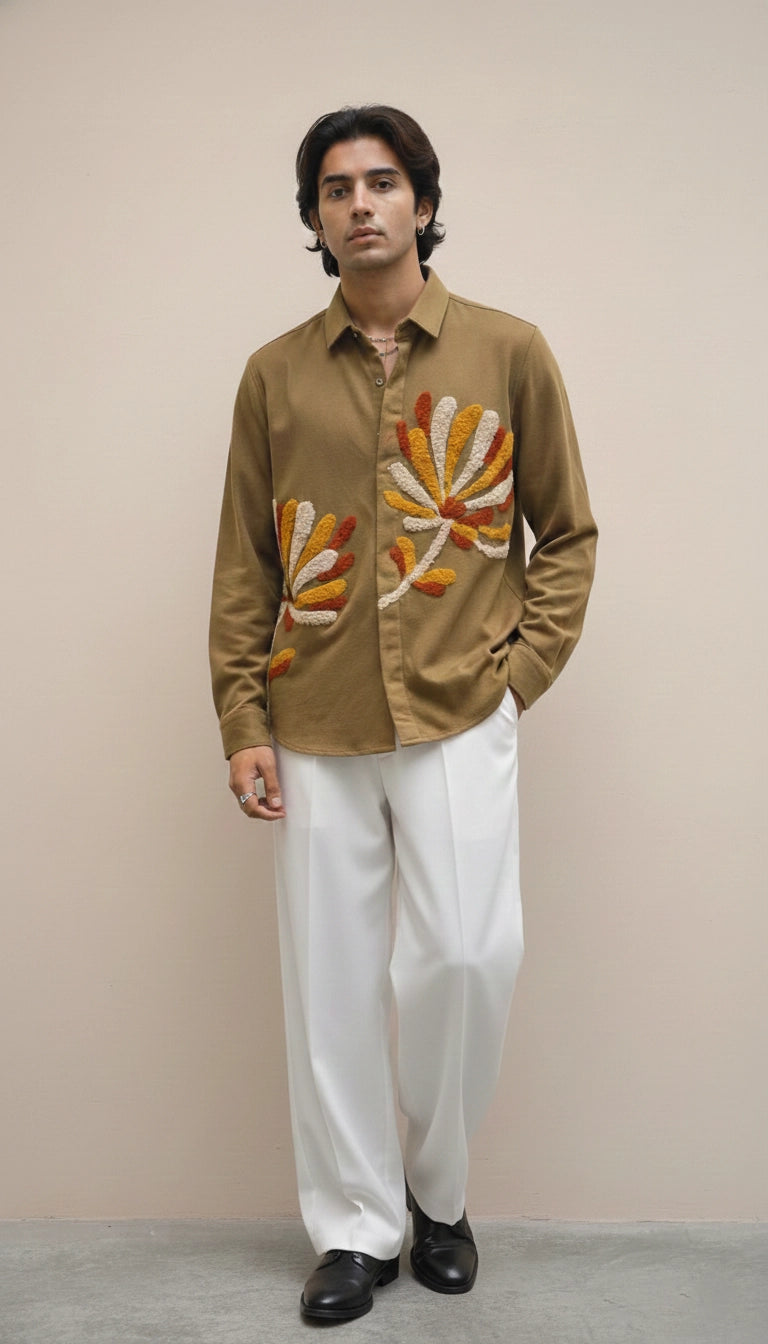 Olive Club-Wear Shirt with Multicolor Textured Floral Appliqué | Dresswala NX
