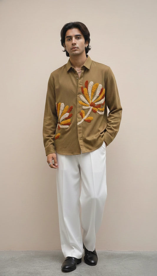 Olive Club-Wear Shirt with Multicolor Textured Floral Appliqué | Dresswala NX