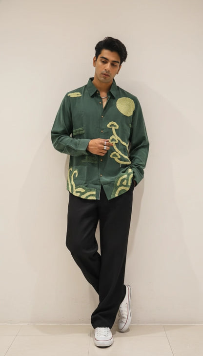 Forest Green Club-Wear Shirt with Abstract Textured Tufted Design | Dresswala NX