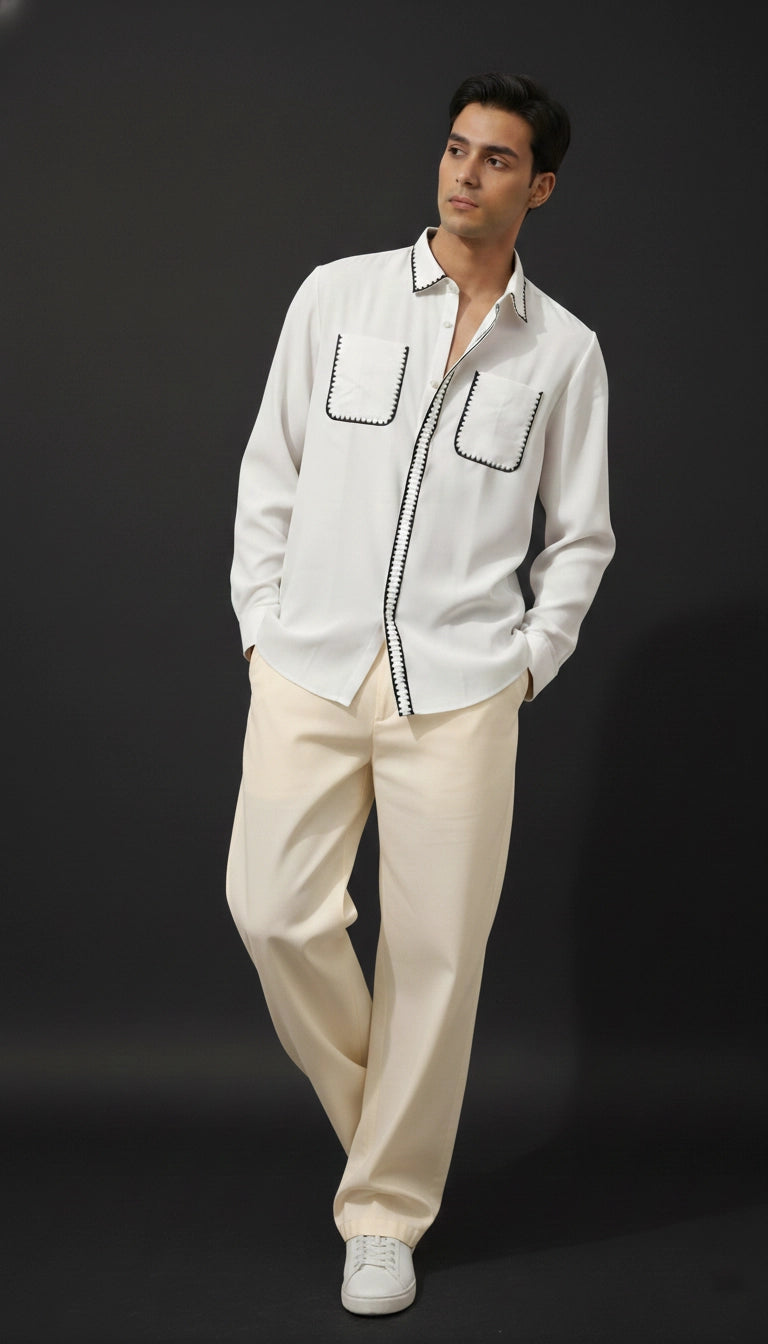 White Club-Wear Shirt with Black Contrast Stitch Detail | Dresswala NX