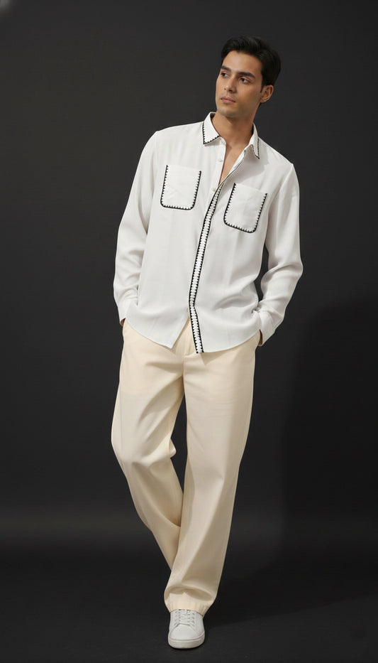 White Club-Wear Shirt with Black Contrast Stitch Detail | Dresswala NX