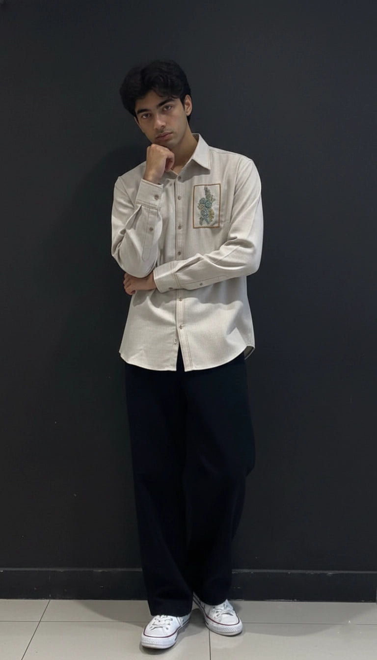 Beige Club-Wear Shirt for Men (Embroidered Patch Detail) | Dresswala NX