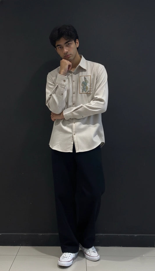 Beige Club-Wear Shirt for Men (Embroidered Patch Detail) | Dresswala NX