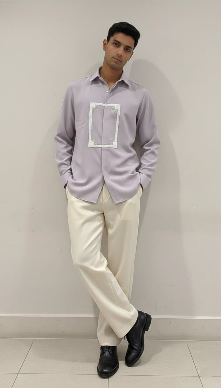 Lilac Club-Wear Shirt for Men with White Geometric Sequin Panel | Dresswala NX