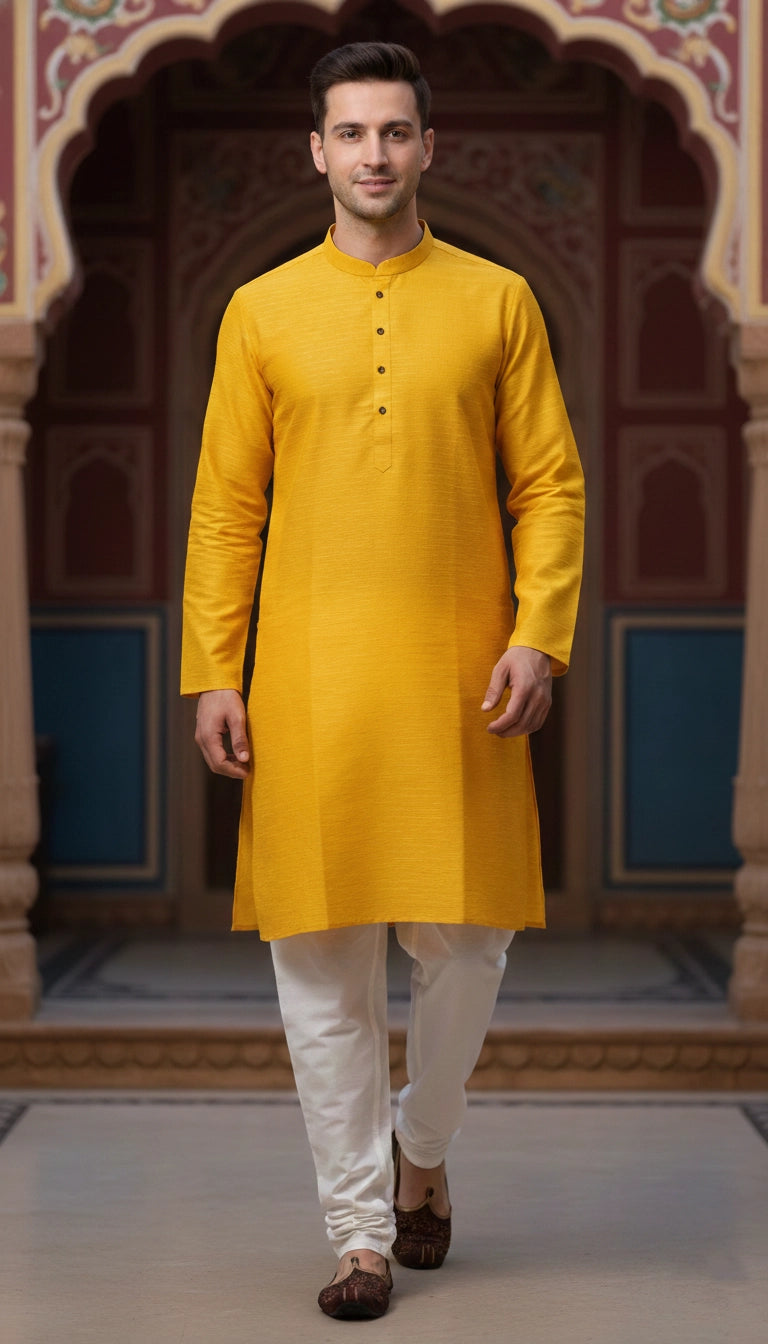 Mustard Yellow Cotton Kurta for Men (Mandarin Collar) | Dresswala NX