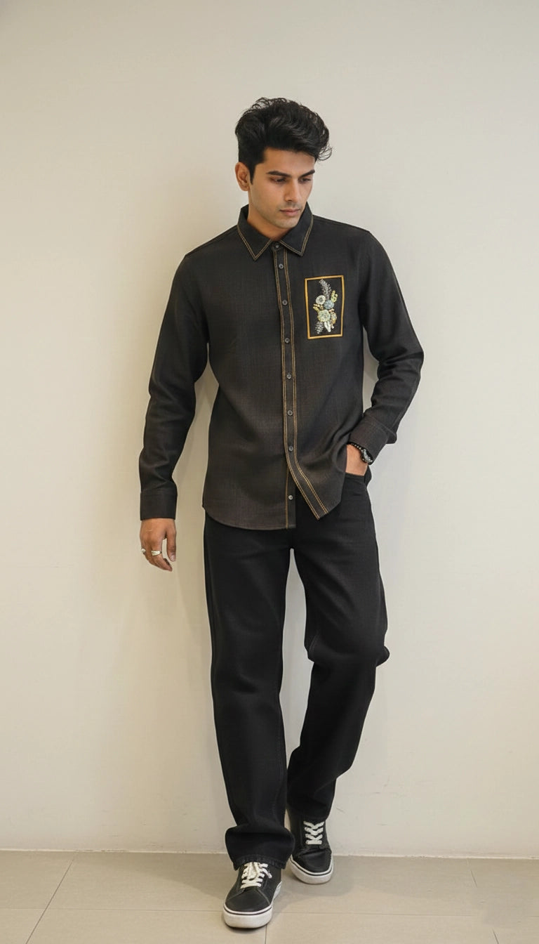 Club-Wear Shirt for Men (Contrast Stitch, Embroidered Patch) | Dresswala NX