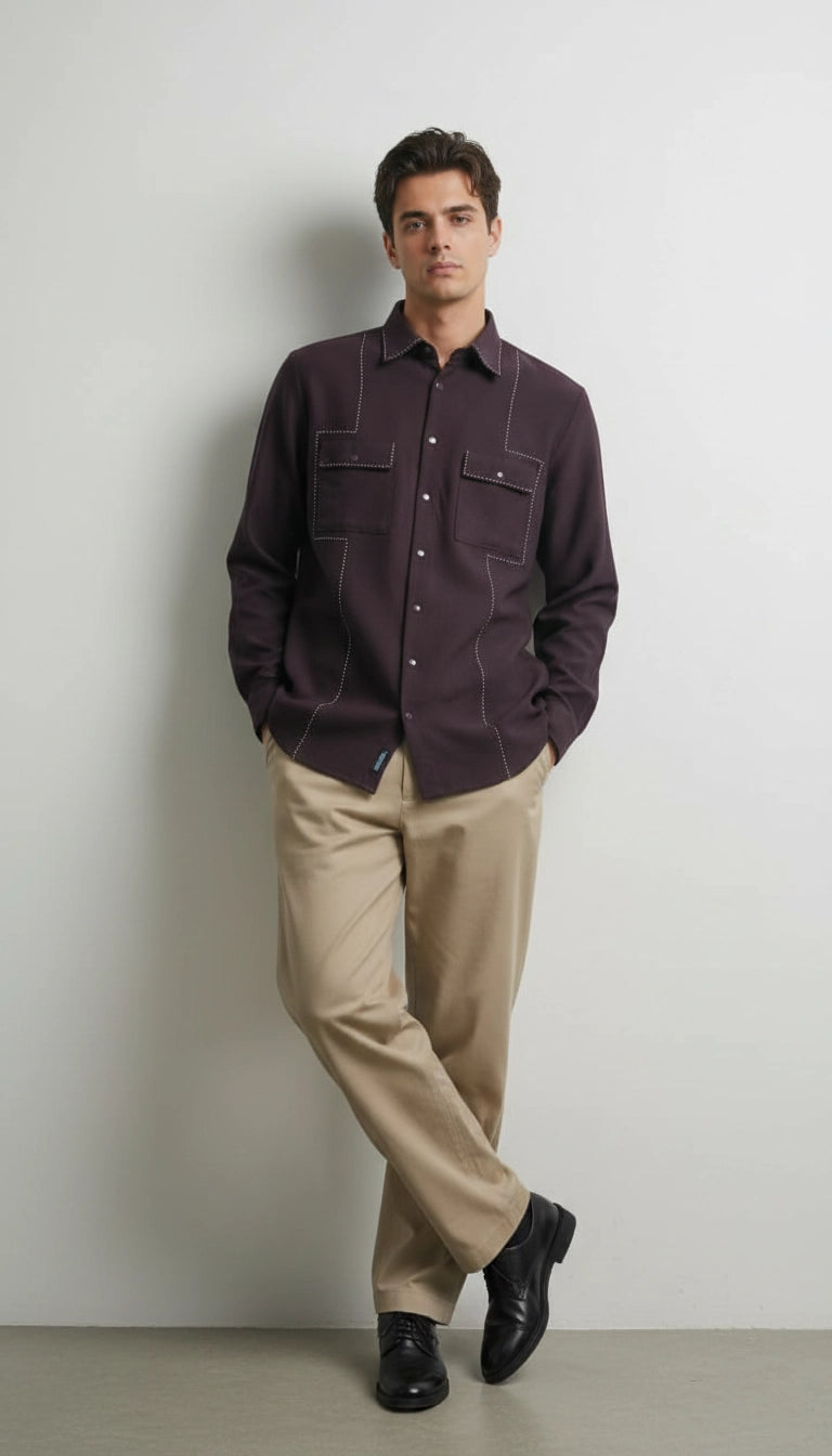 Deep Plum Club-Wear Shirt with Contrast Utility Stitch Detailing | Dresswala NX