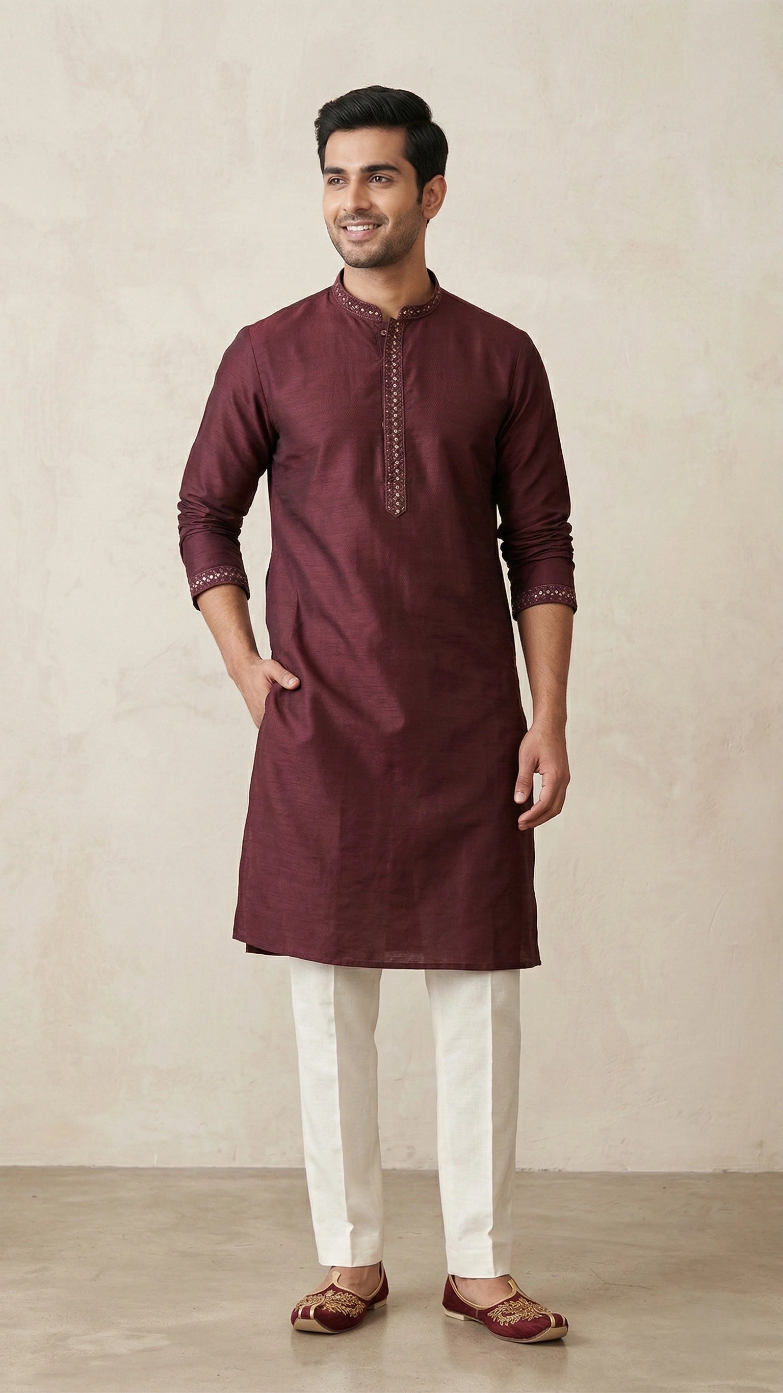 Maroon Kurta for Men with Embroidered Placket | Dresswala NX