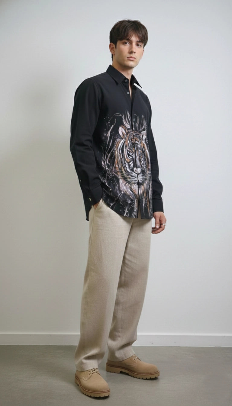 Black Mandarin Club-Wear Shirt with Contrast Piping | Dresswala NX