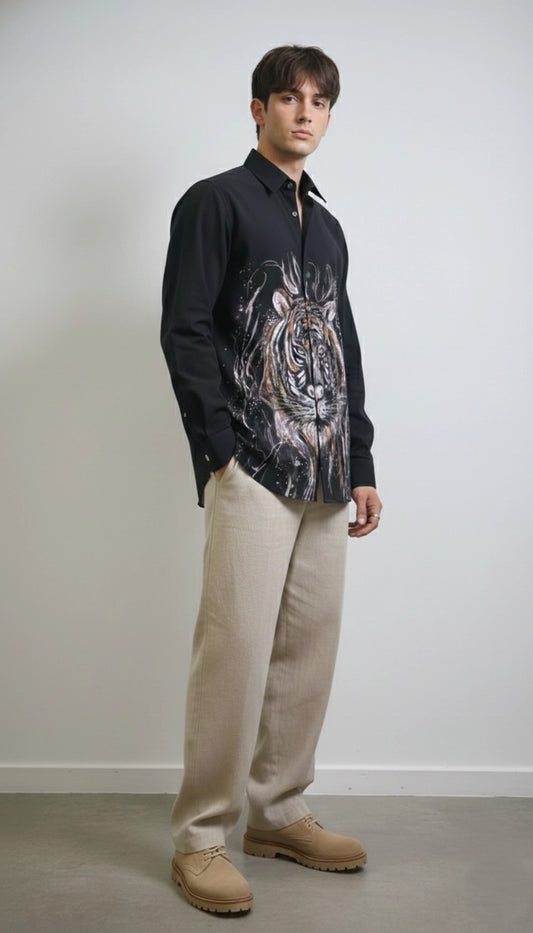 Black Mandarin Club-Wear Shirt with Contrast Piping | Dresswala NX