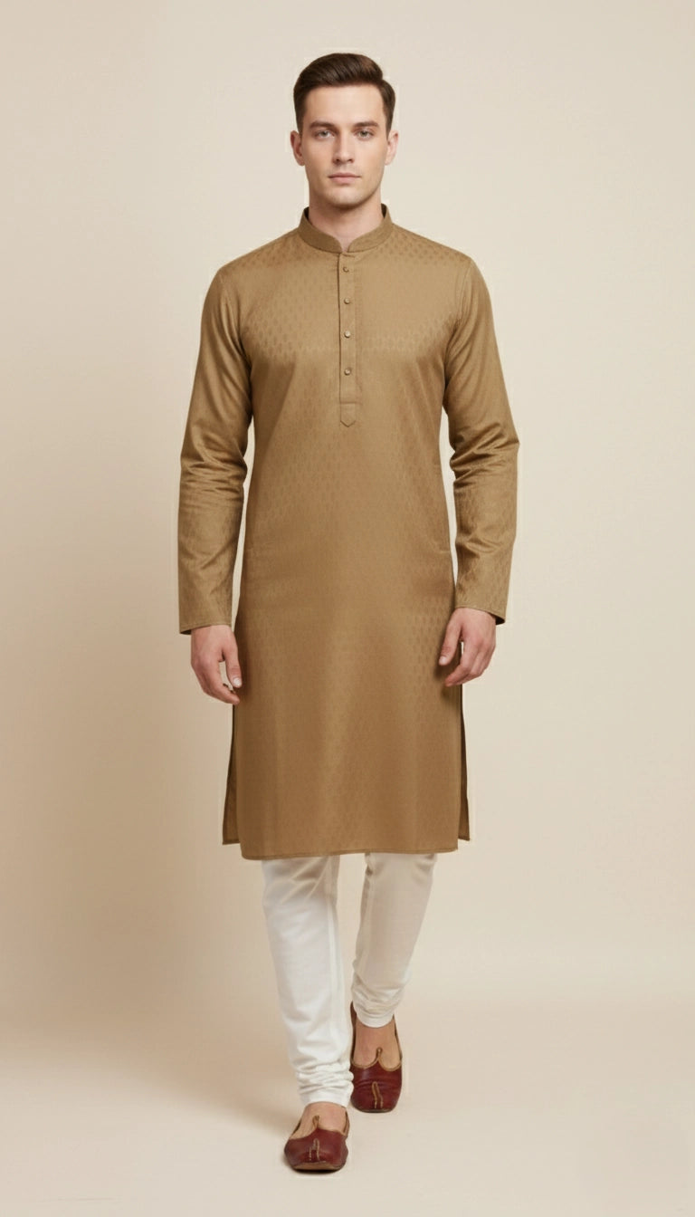 Brown Cotton Kurta for Men (Textured, Mandarin Collar) | Dresswala NX