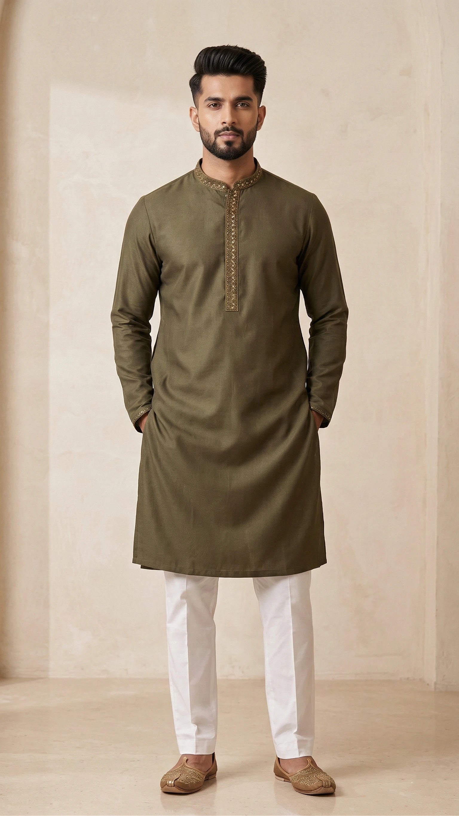 Olive Green Kurta for Men with Embroidered Neckline | Dresswala NX
