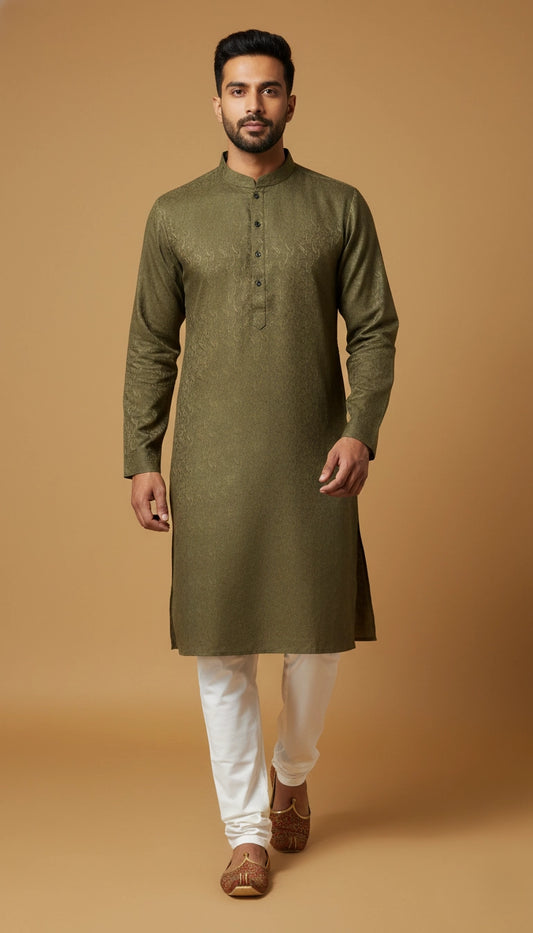 Olive Green Textured Cotton Kurta for Men | Dresswala NX