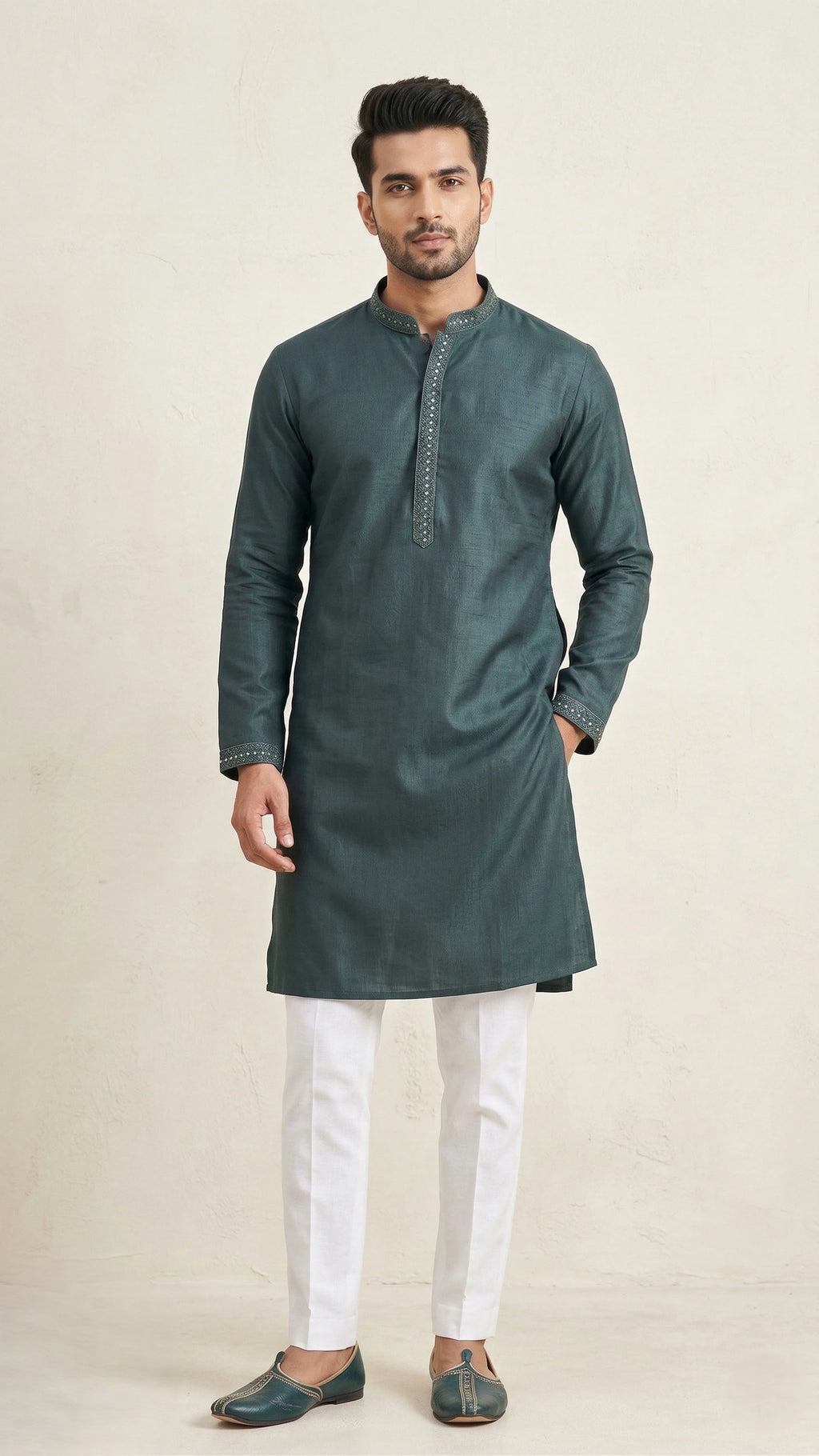 Dark Green Kurta for Men with Embroidered Placket | Dresswala NX