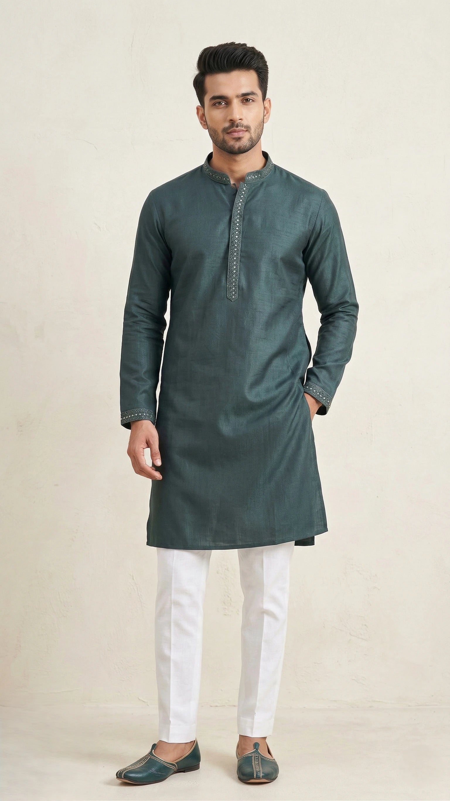 Dark Green Kurta for Men with Embroidered Placket | Dresswala NX