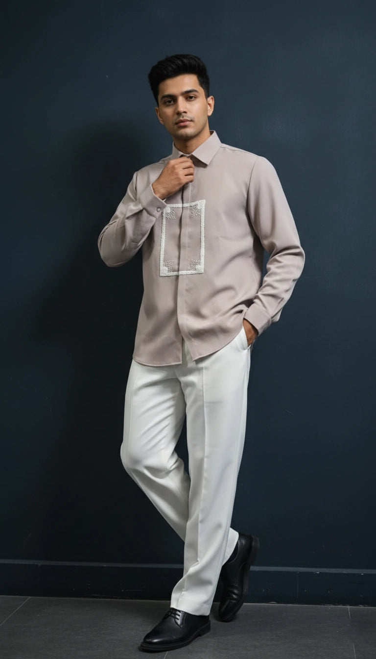 Taupe Club-Wear Shirt with Beaded Frame Motif | Dresswala NX