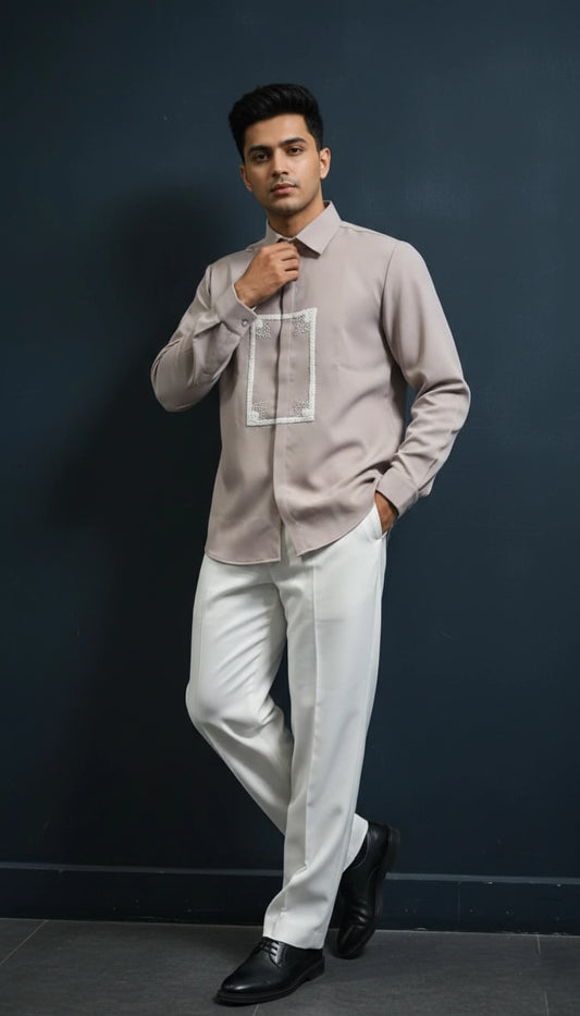 Taupe Club-Wear Shirt with Beaded Frame Motif | Dresswala NX