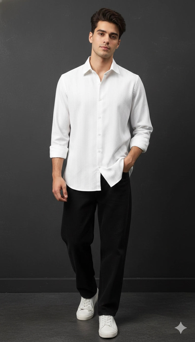 White Club-Wear Shirt for Men (Textured Full Sleeve) | Dresswala NX