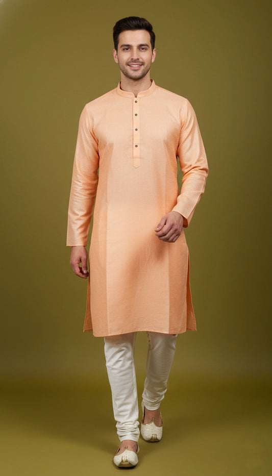 Peach Cotton Kurta for Men (Mandarin Collar, Straight Fit) | Dresswala NX